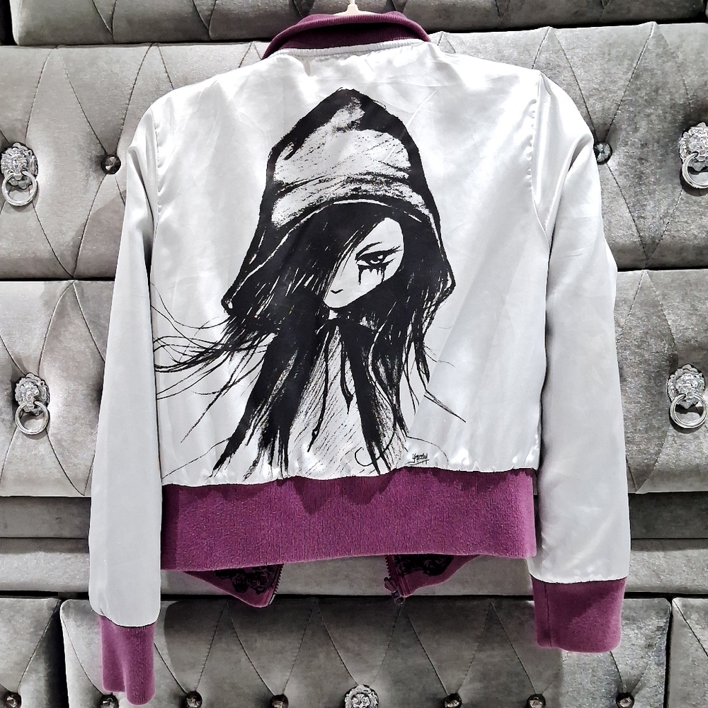 Reversible Silver Purple Brown Bomber Jacket Y2K Girl Drawing Birds Graphic